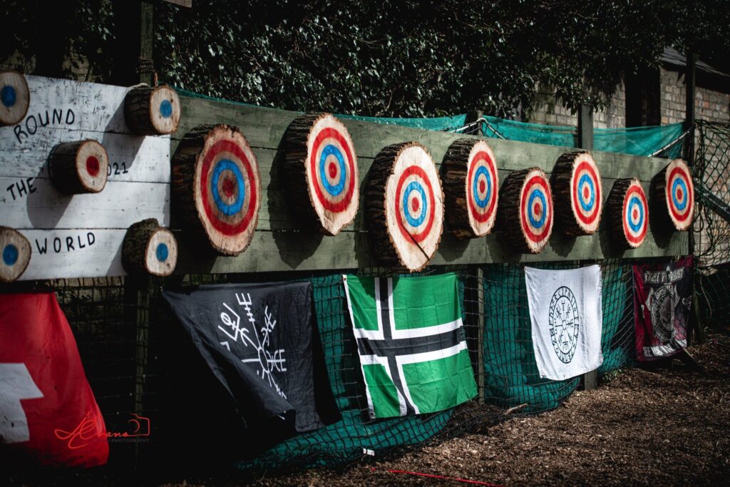 The axe throwing range at Valkyrie Wilderness Workshops
